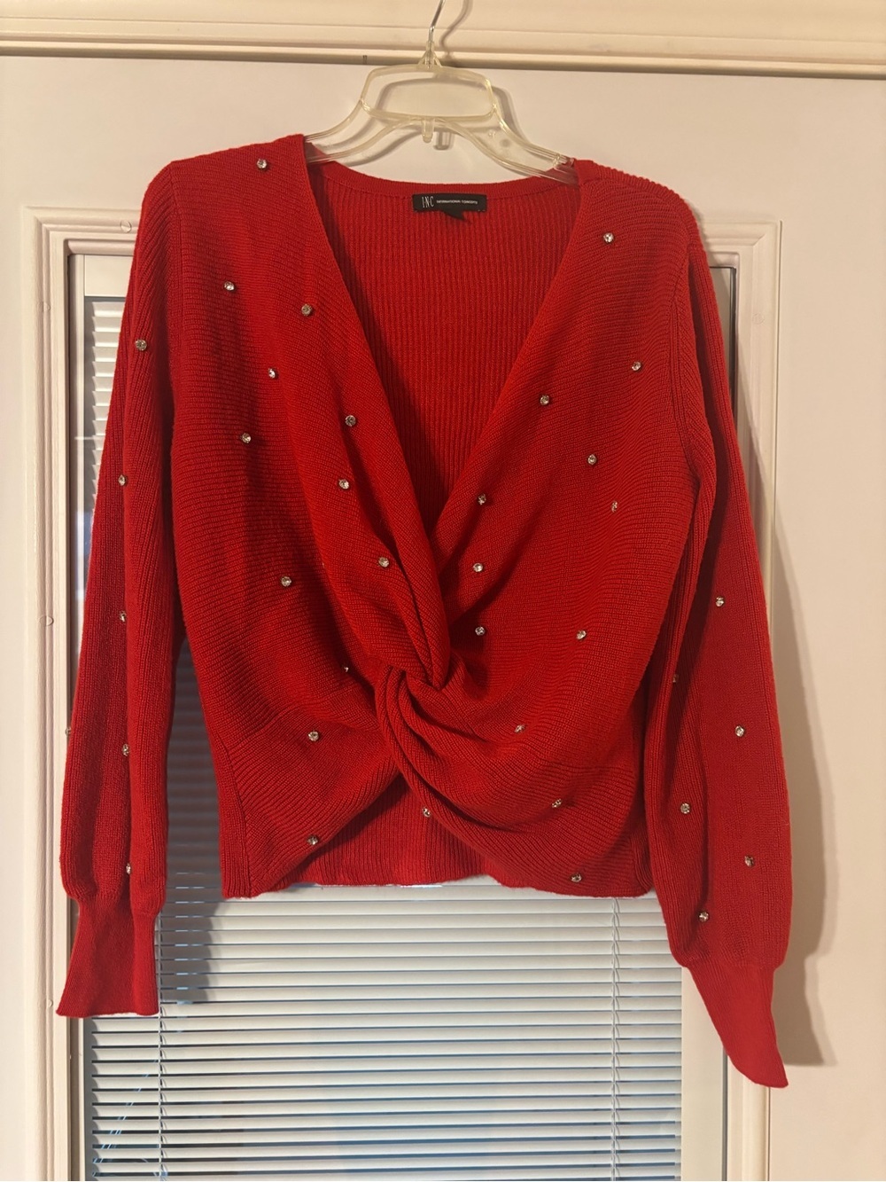 INC International Concepts Red V-Neck Twist-Front Sweater with Studs